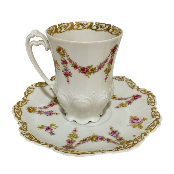 Vintage Carlsbad Austria porcelain demitasse tea cup & saucer sets (2) pink rose - Picture 2 of 15